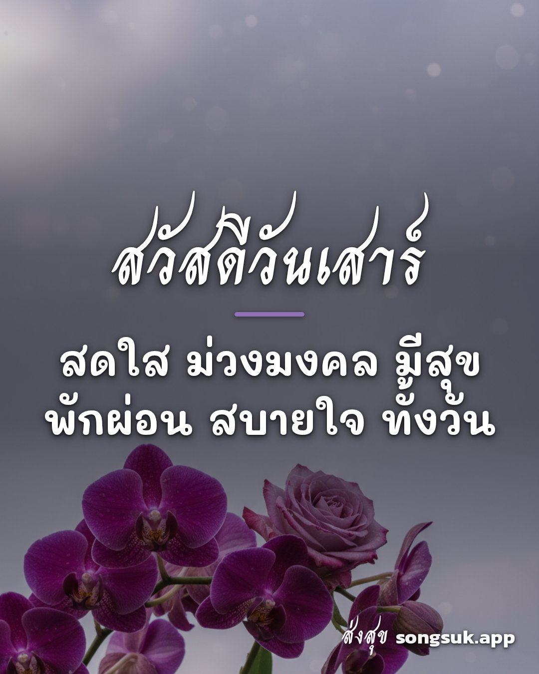 รูปอวยพร สวัสดีวันเสาร์
สดใส ม่วงมงคล มีสุข
พักผ่อน สบายใจ ทั้งวัน จากส่งสุข