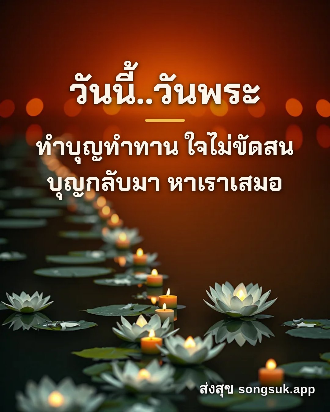 รูปอวยพร วันนี้..วันพระ
ทำบุญทำทาน ใจไม่ขัดสน
บุญกลับมา หาเราเสมอ จากส่งสุข