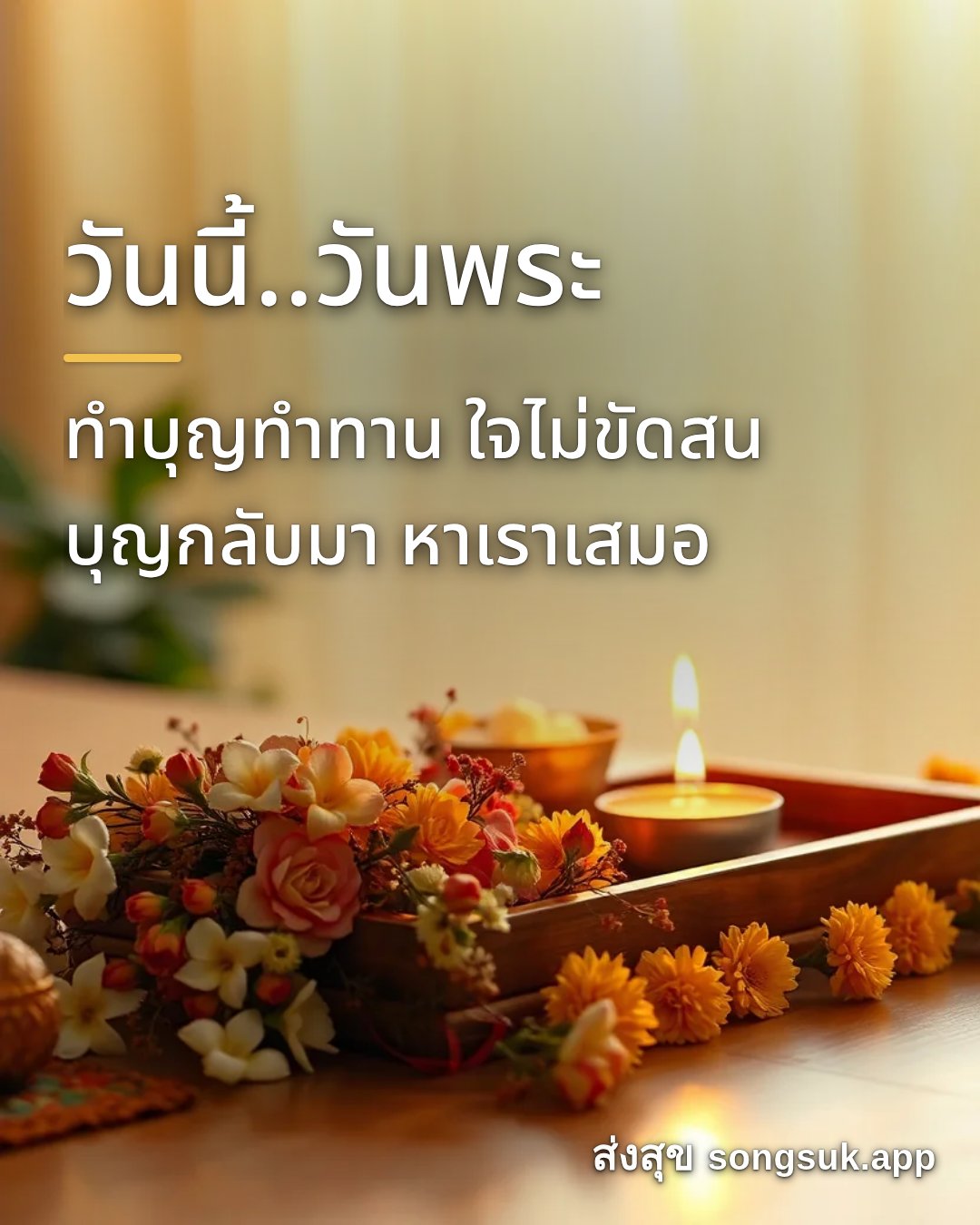 รูปอวยพร วันนี้..วันพระ
ทำบุญทำทาน ใจไม่ขัดสน
บุญกลับมา หาเราเสมอ จากส่งสุข